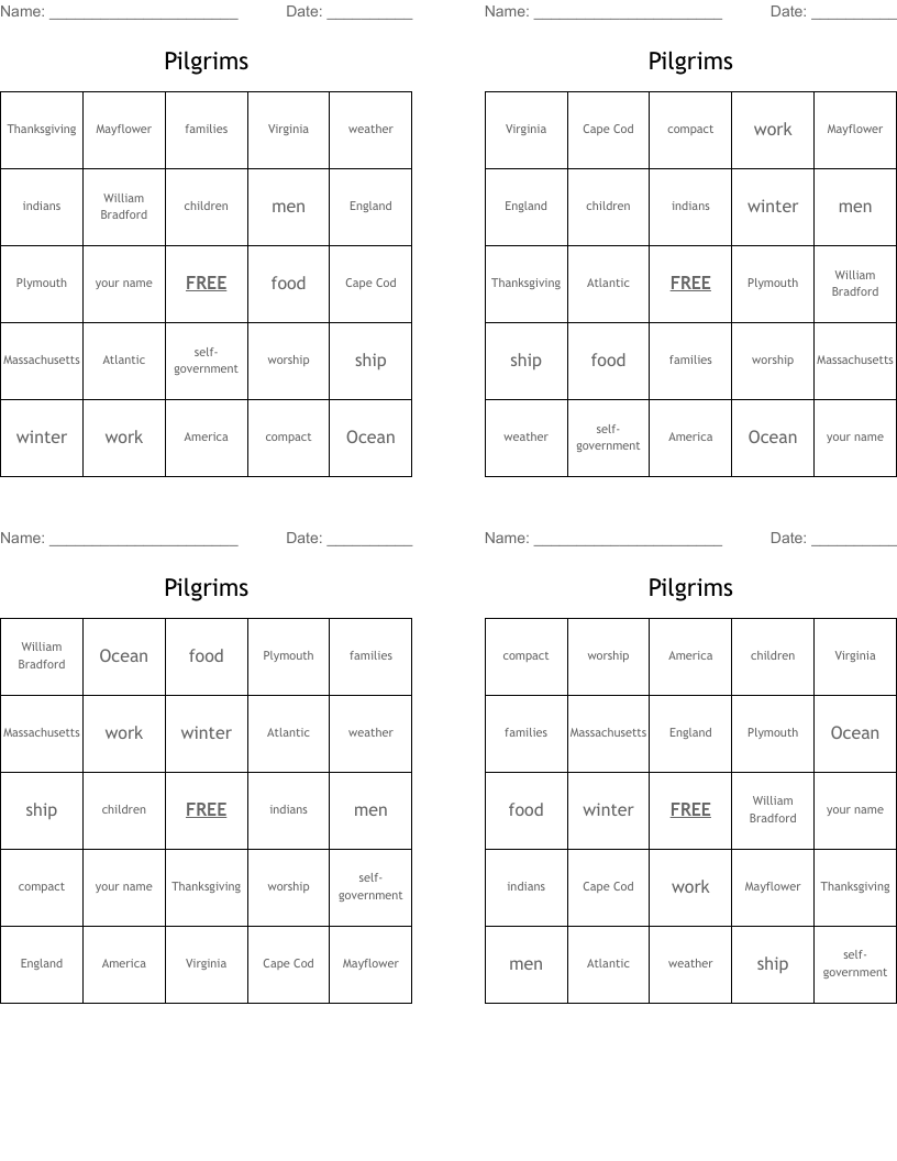 Pilgrims Bingo Cards