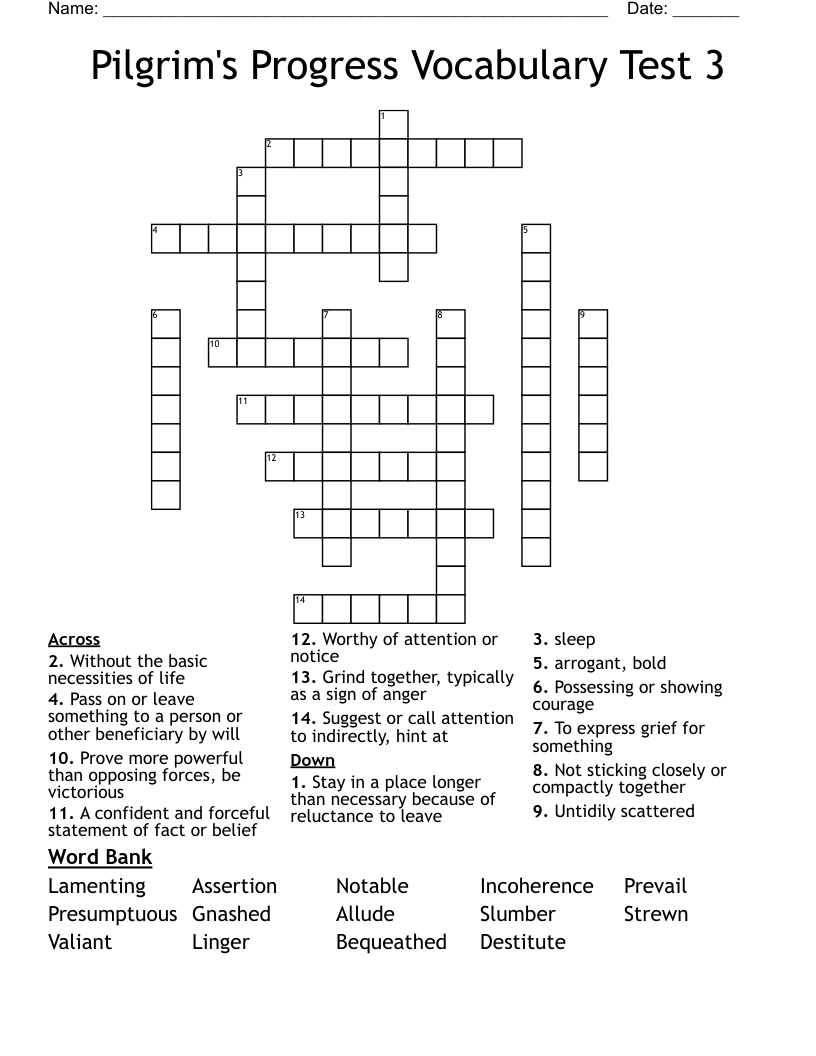 Pilgrim's Progress  Vocabulary Test 3 Crossword