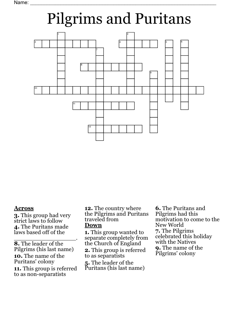 Pilgrims and Puritans Crossword