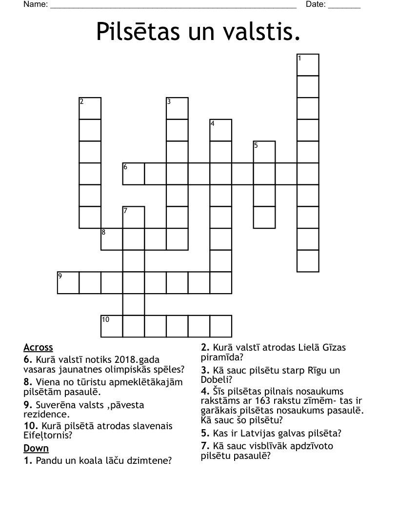 Pilsētas un valstis. Crossword