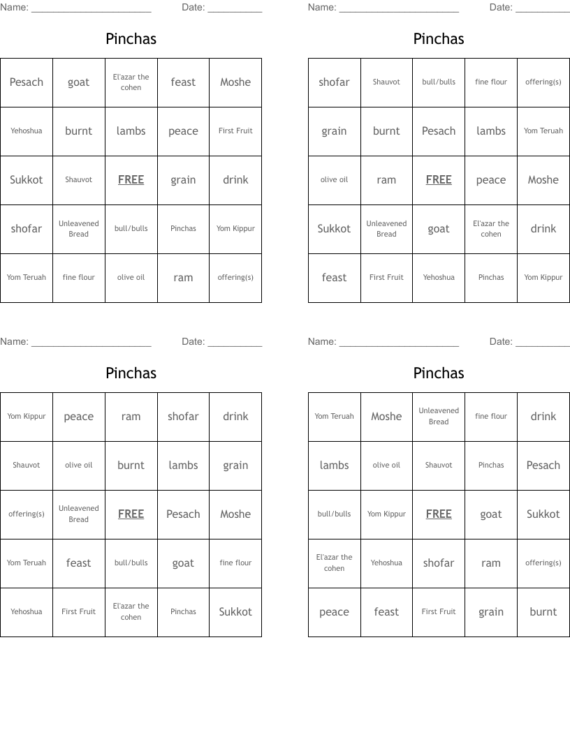 Pinchas Bingo Cards