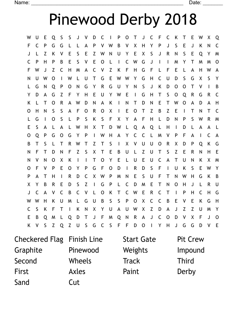 Pinewood Derby 2018 Word Search