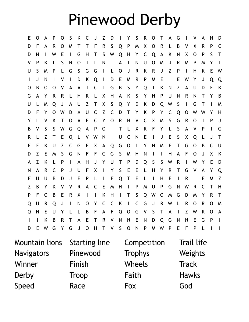 Pinewood Derby Word Search
