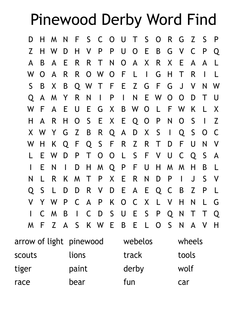 Pinewood Derby Word Find Word Search