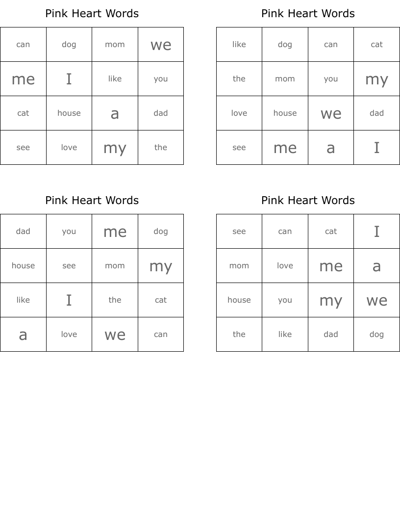 Pink Heart Words Bingo Cards