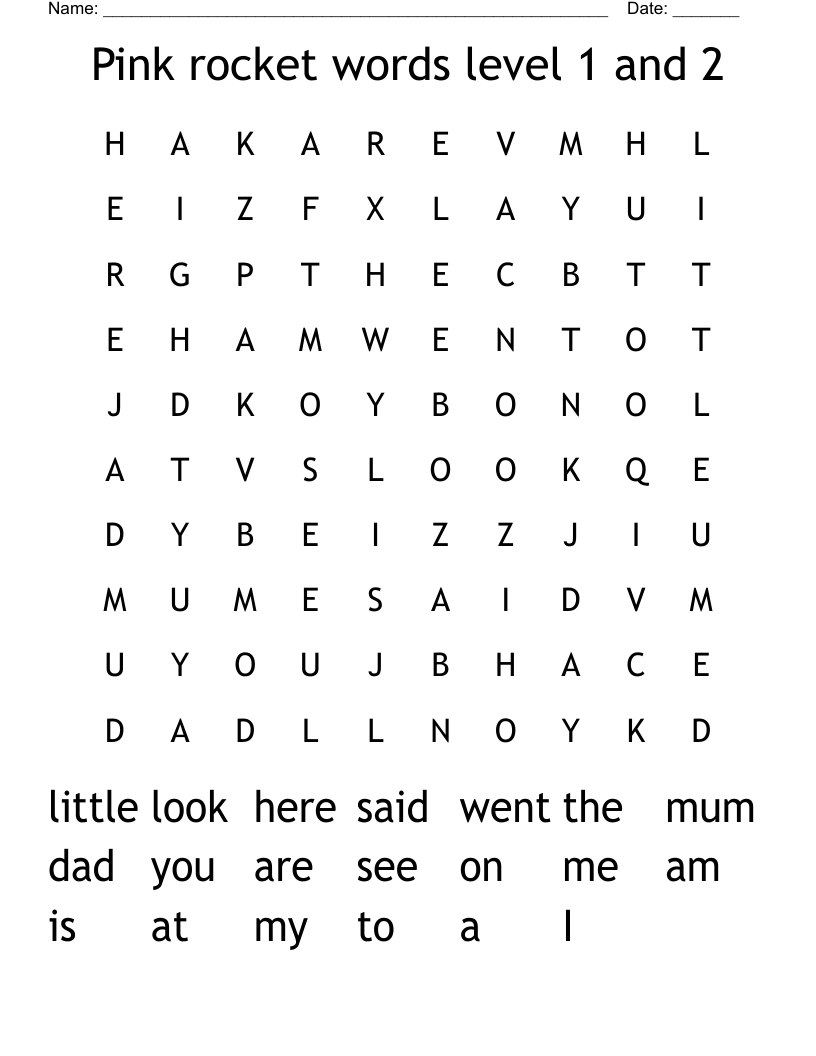 Pink rocket words level 1 and 2  Word Search