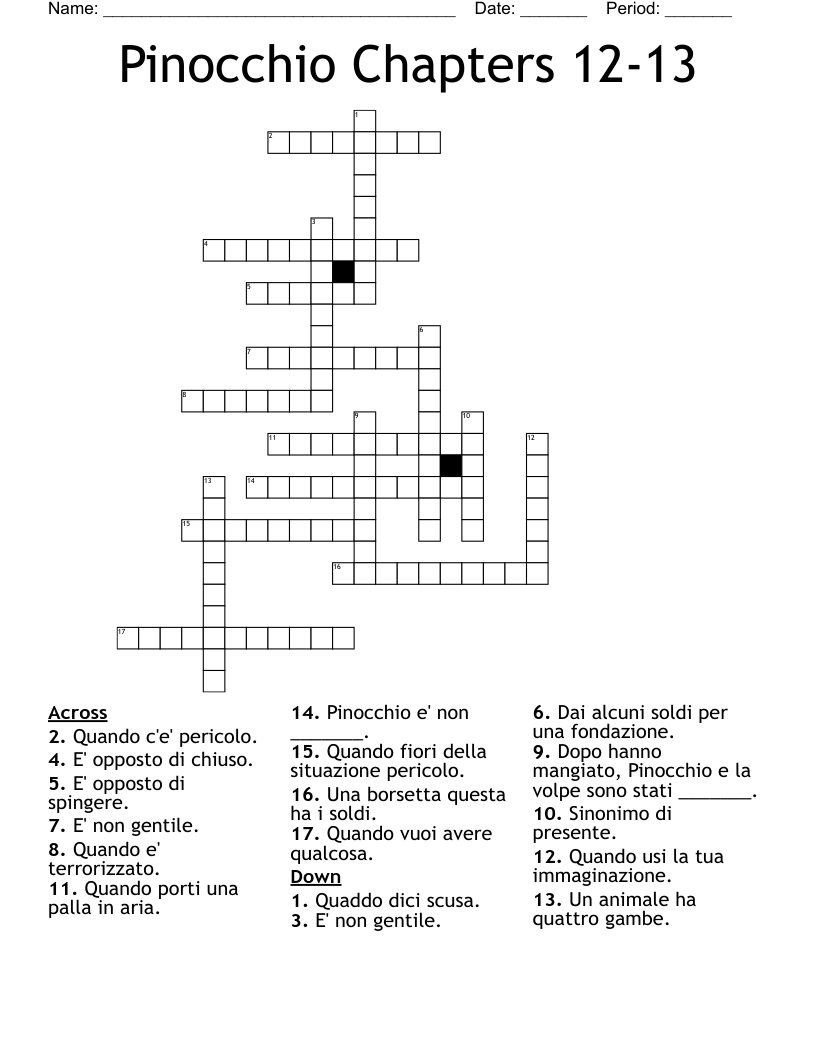 Pinocchio Chapters 12-13 Crossword