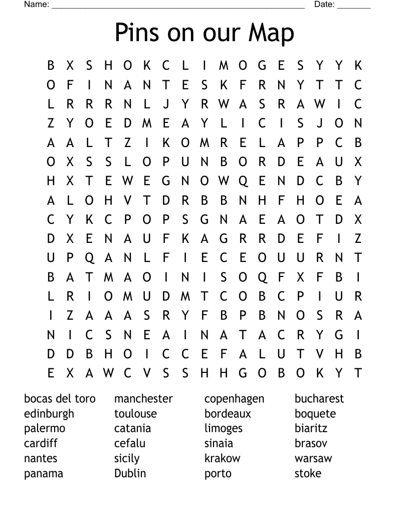 Pins on our Map Word Search