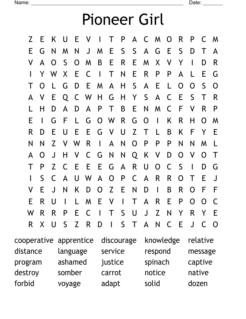 Pioneer Girl Word Search