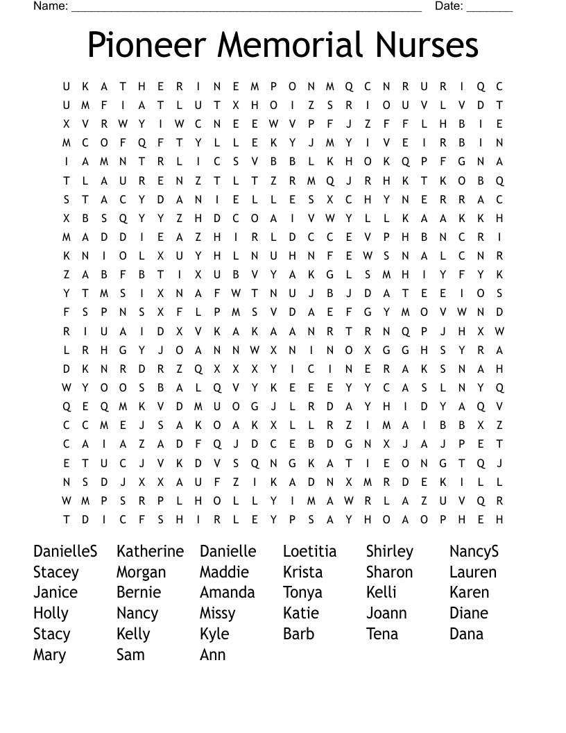Pioneer Memorial Nurses Word Search
