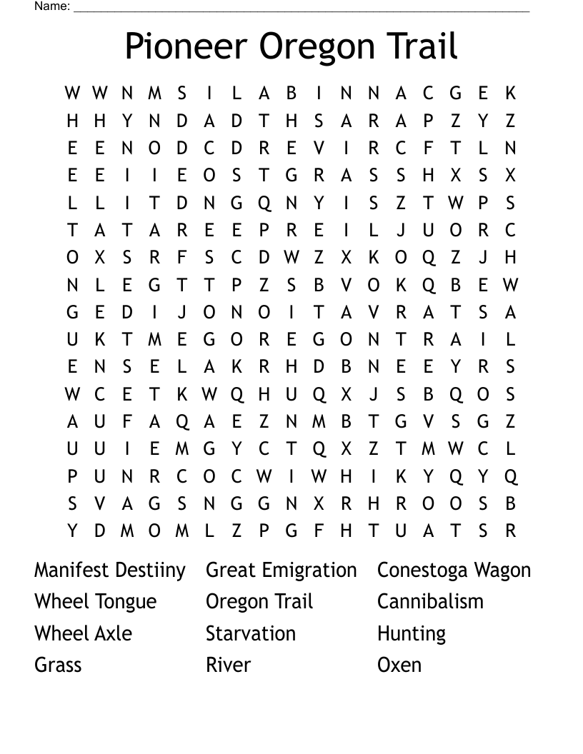 Pioneer Oregon Trail Word Search