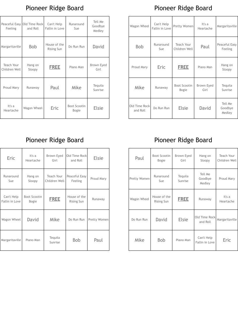 Pioneer Ridge Board Bingo Cards