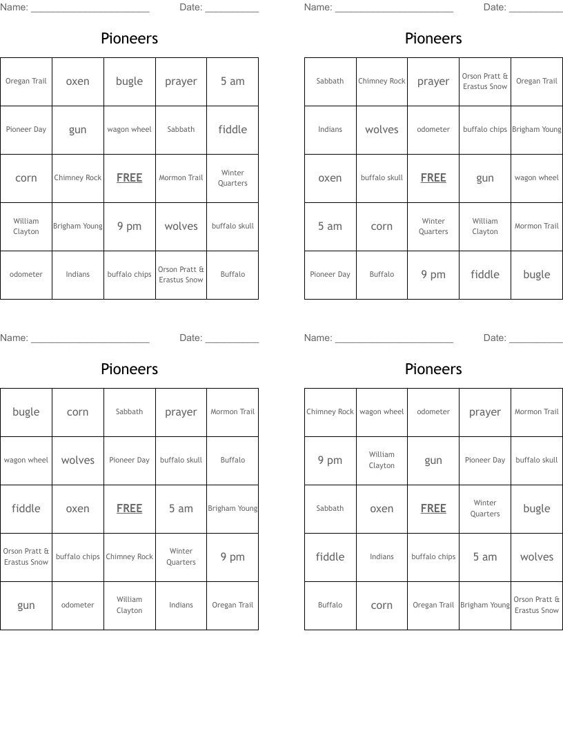 Pioneers Bingo Cards