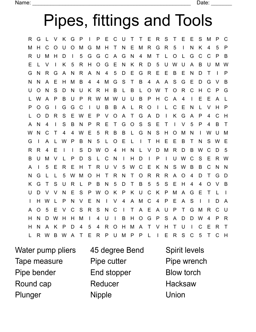 Pipes, fittings and Tools Word Search