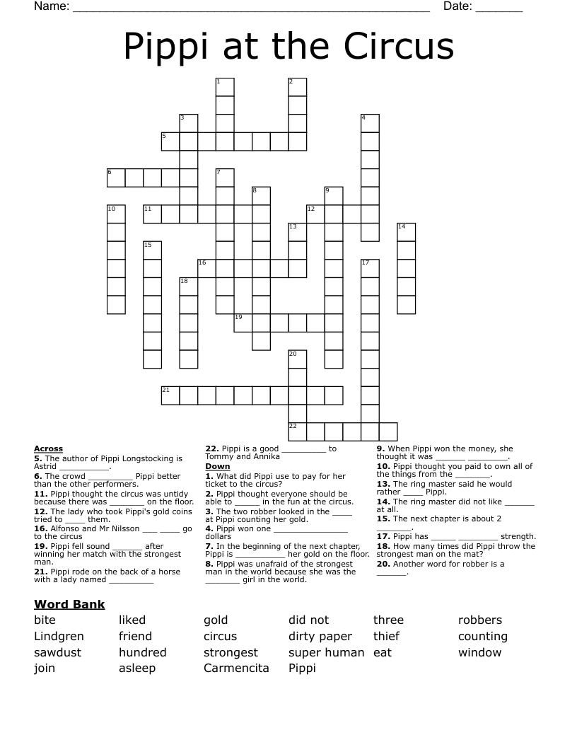 Pippi at the Circus Crossword