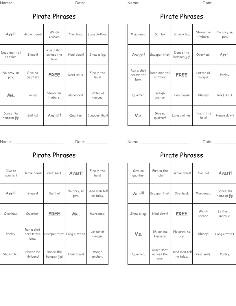 Pirate Phrases Bingo Cards