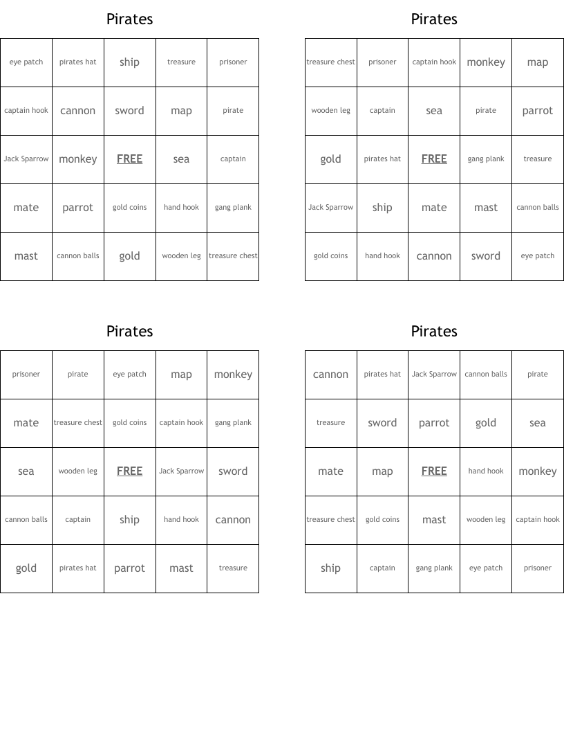 Pirates Bingo Cards