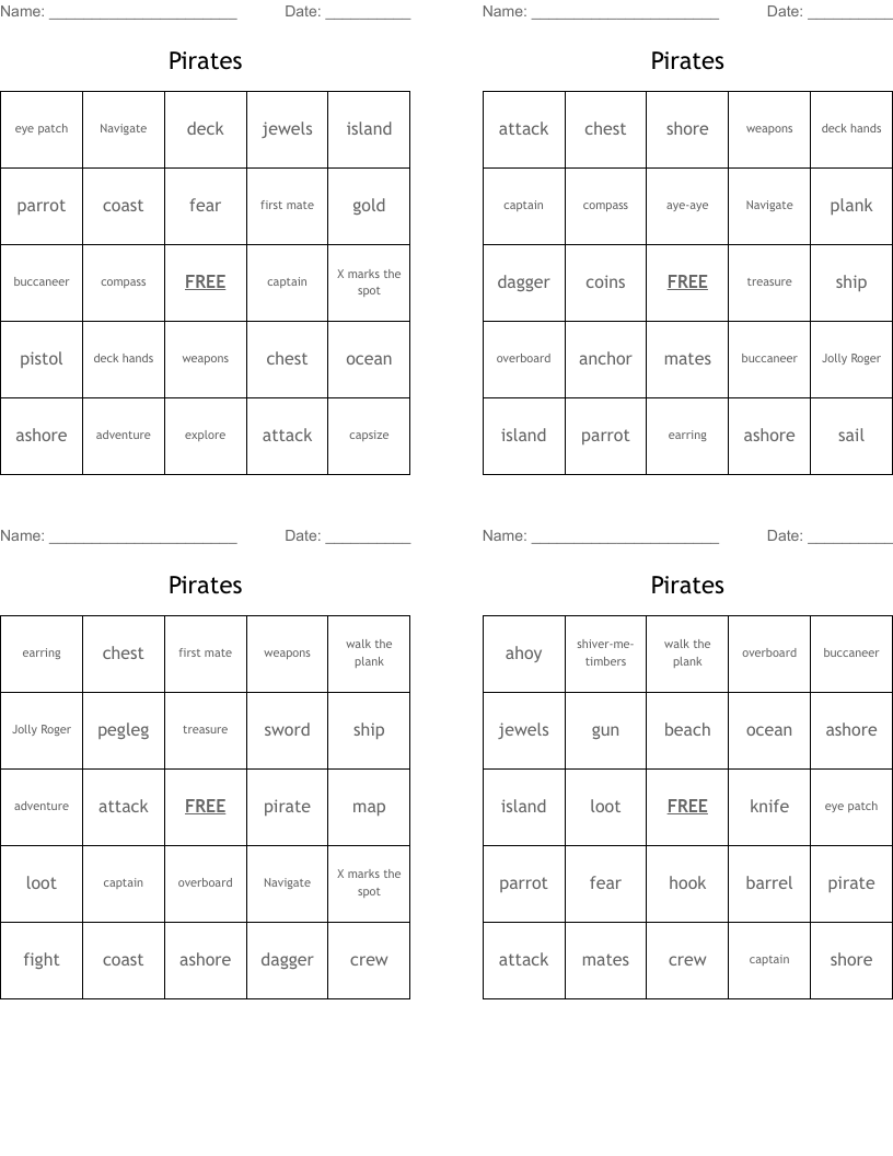 Pirates Bingo Cards