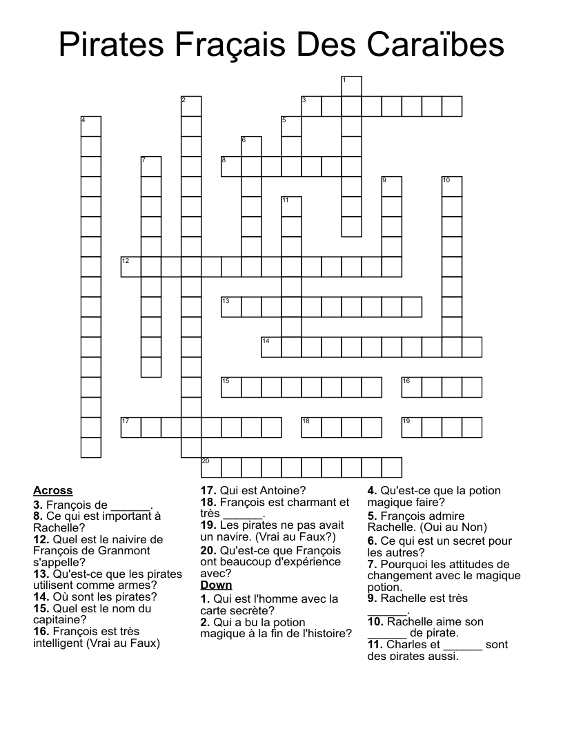 Pirates Fraçais Des Caraïbes Crossword