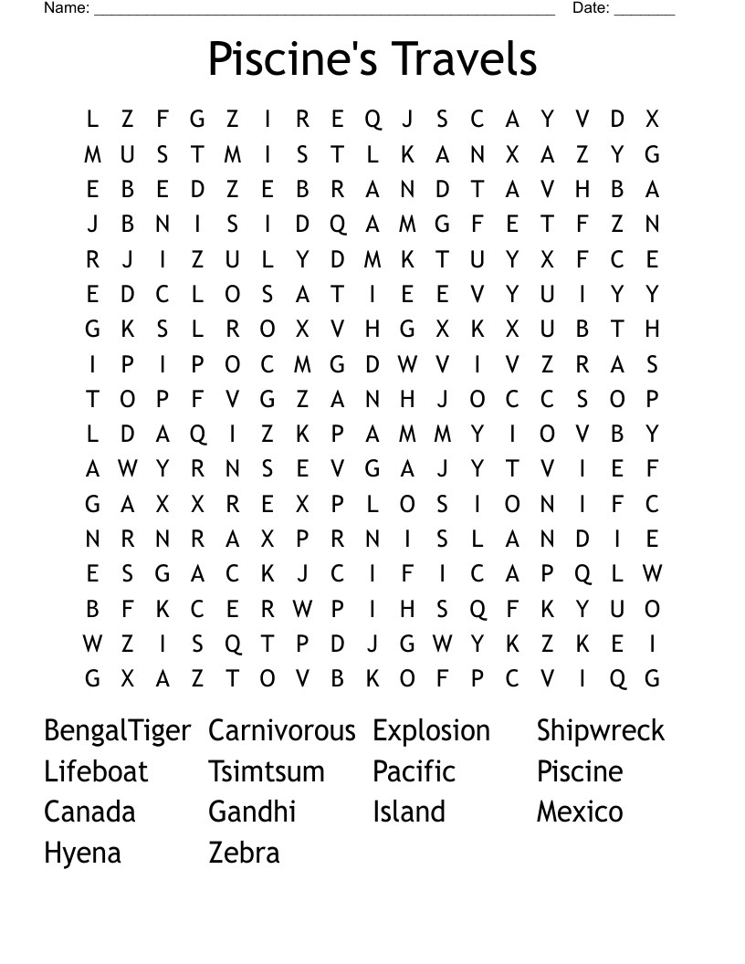 Piscine's Travels Word Search