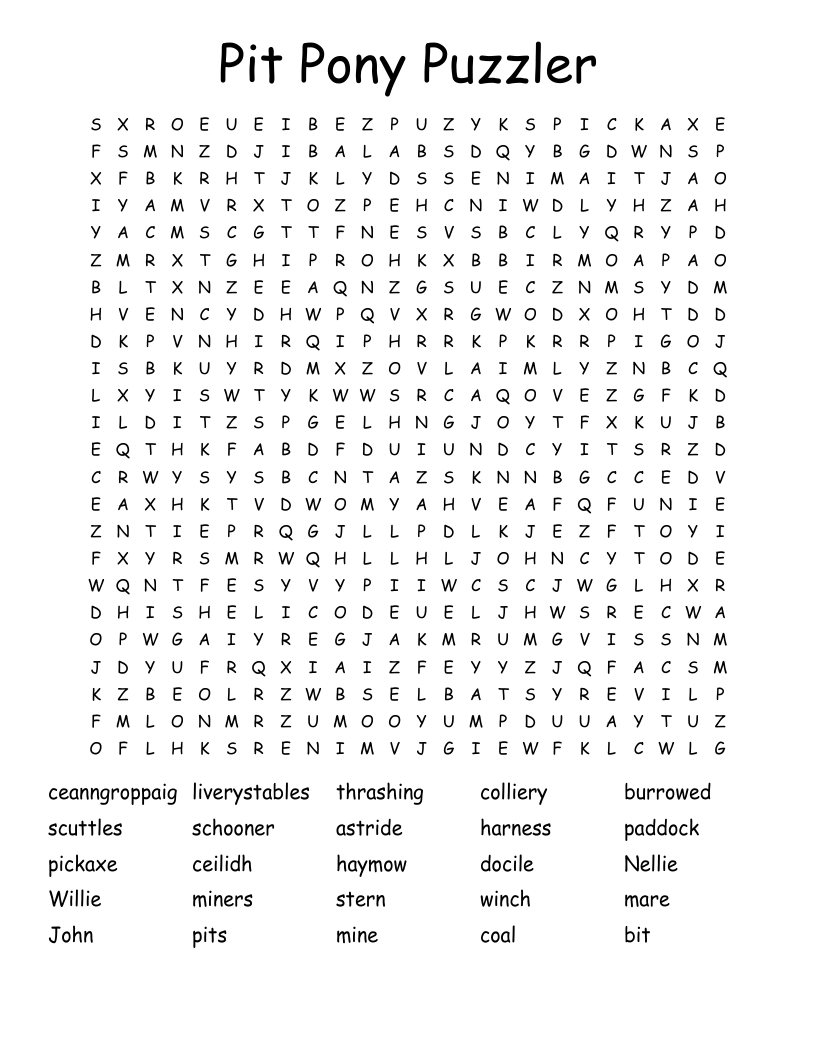 Pit Pony Puzzler Word Search