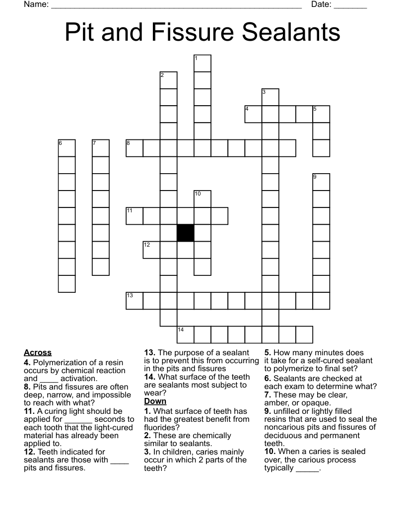 Pit and Fissure Sealants Crossword