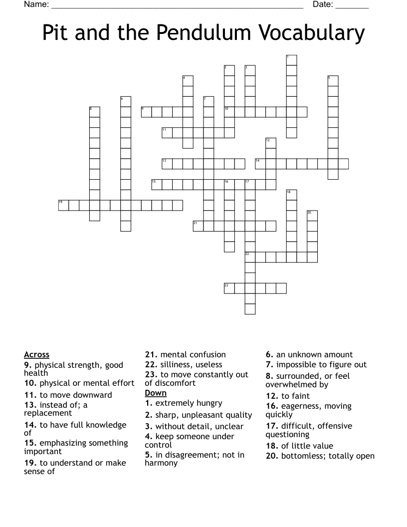 Pit and the Pendulum Vocabulary Crossword