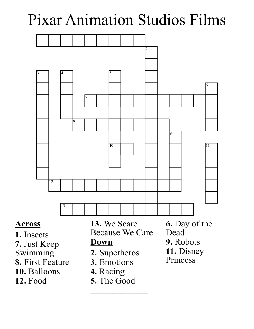 Pixar Animation Studios Films Crossword