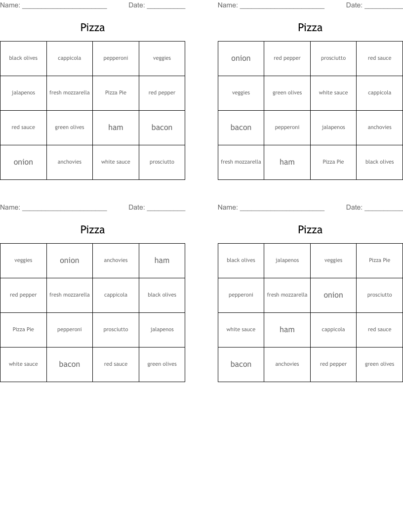 Pizza Bingo Cards