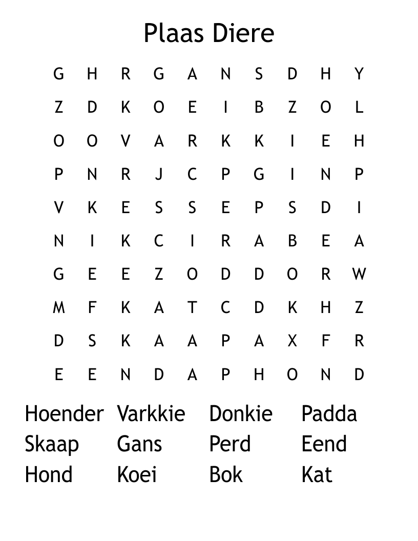 Plaas Diere Word Search