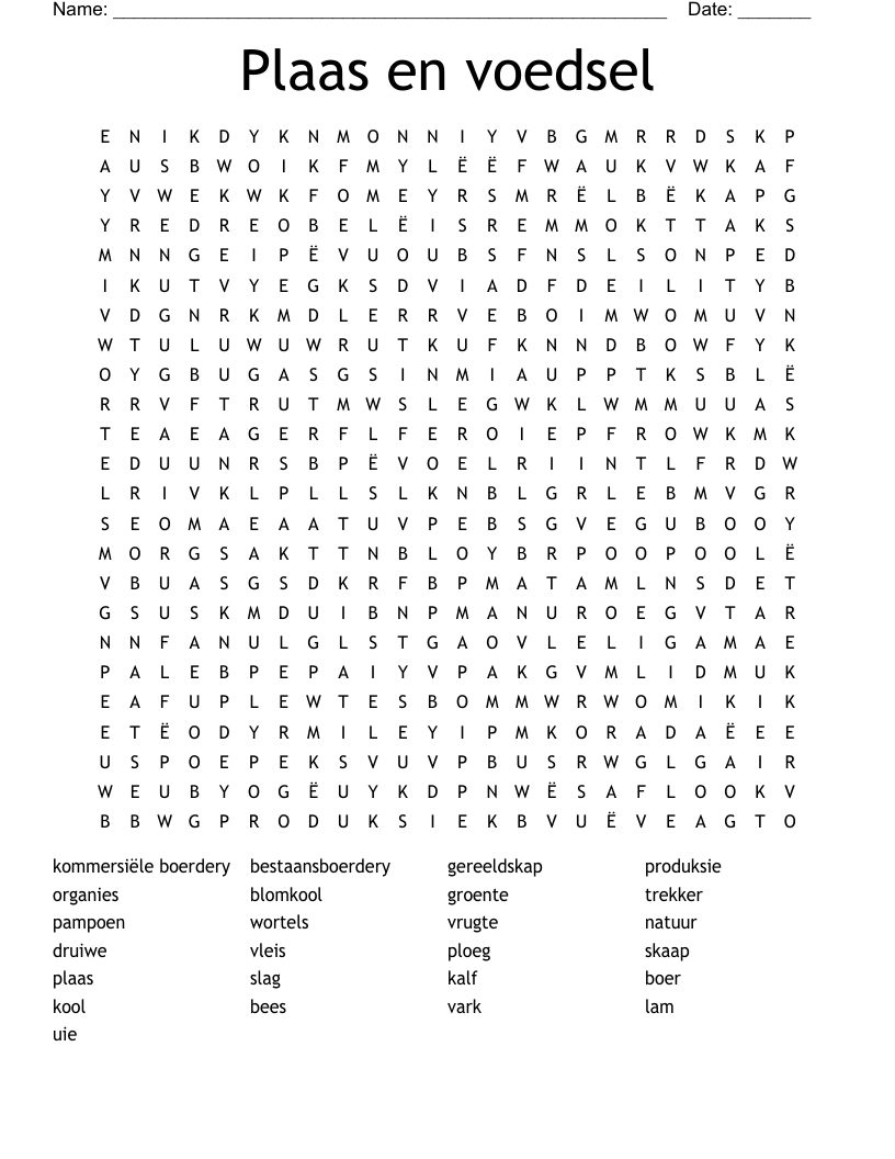 Plaas en voedsel Word Search