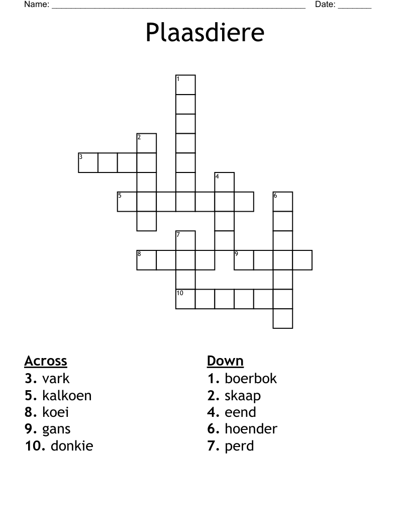Plaasdiere Crossword