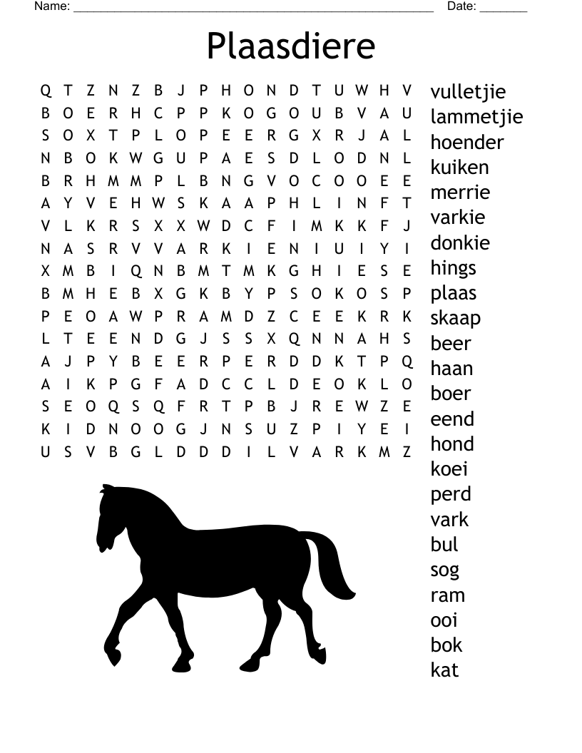 Plaasdiere Word Search