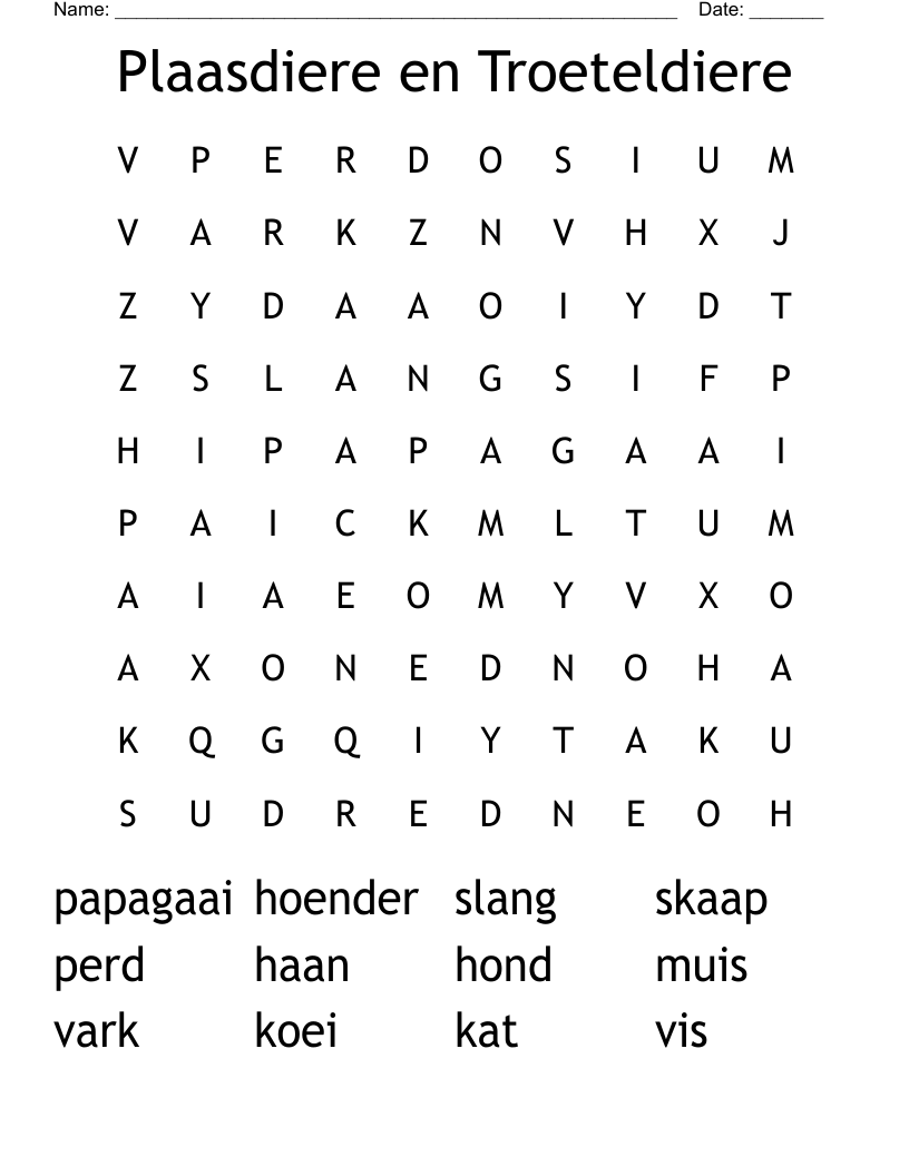 Plaasdiere en Troeteldiere  Word Search
