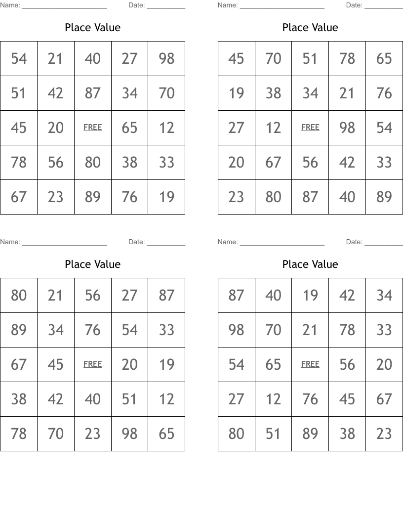 Place Value Bingo Cards