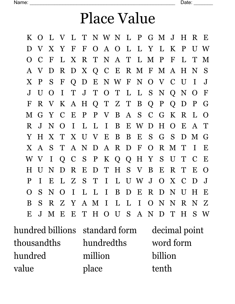 Place Value Word Search