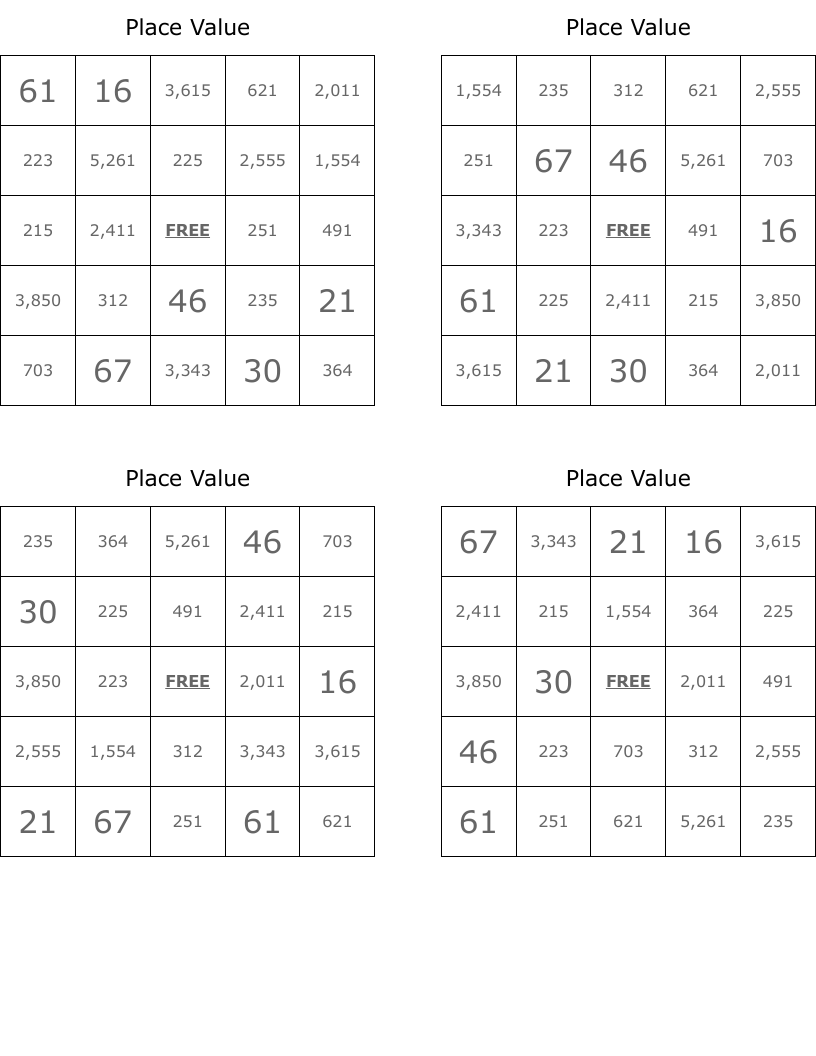 Place Value Bingo Cards