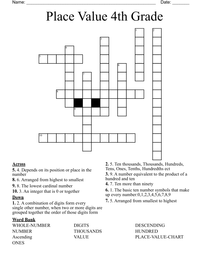 Place Value 4th Grade Crossword