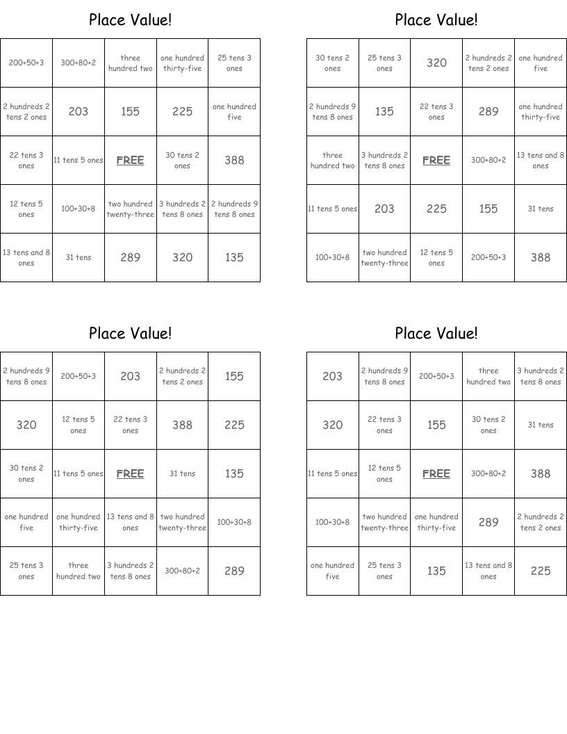 Place Value! Bingo Cards