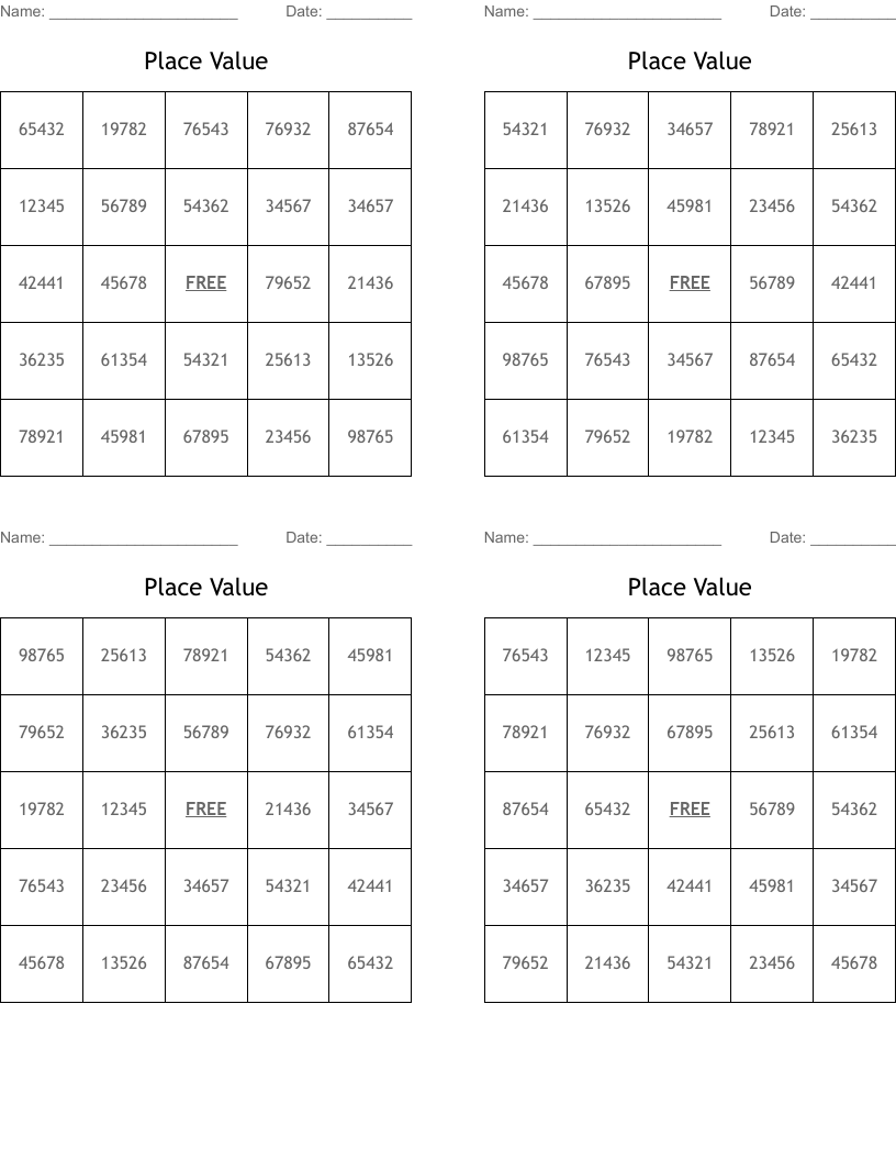 Place Value Bingo Cards
