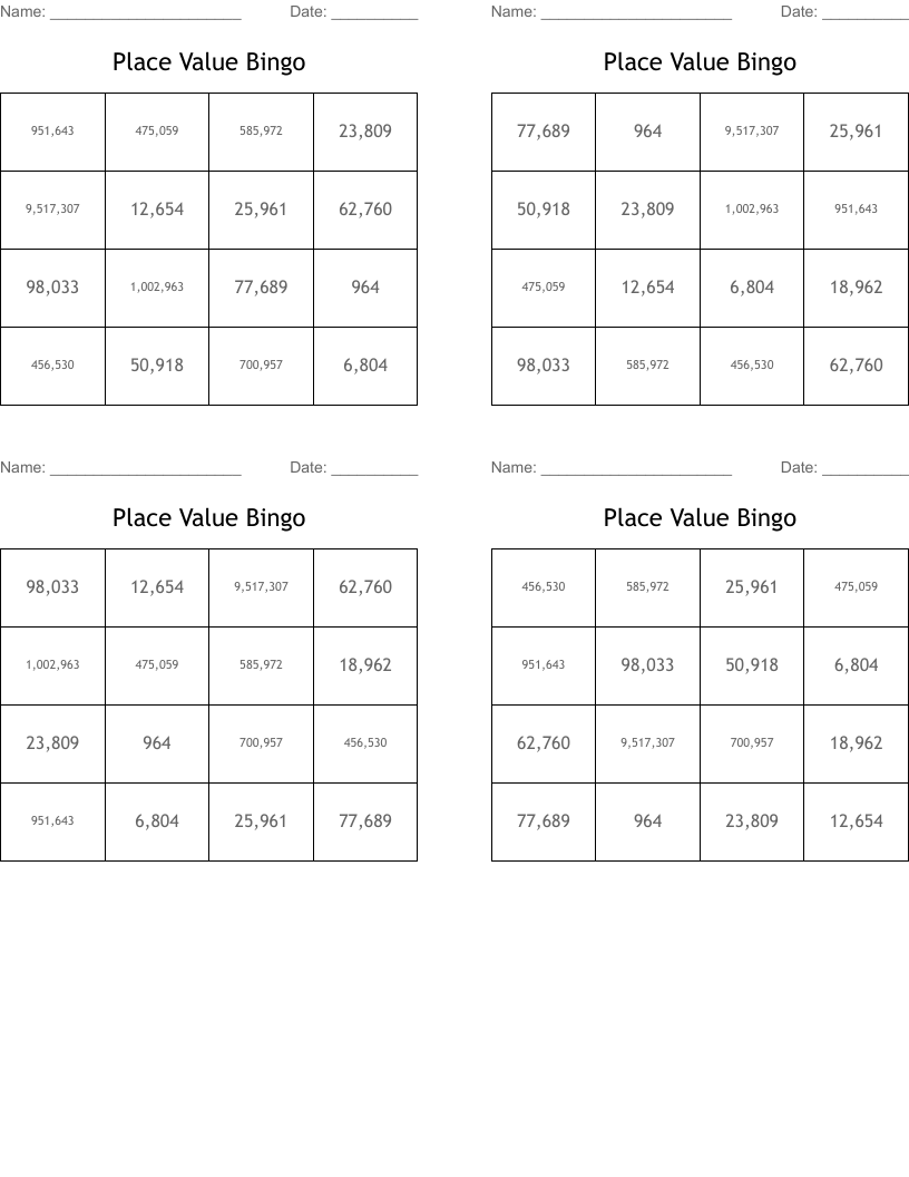 Place Value Bingo