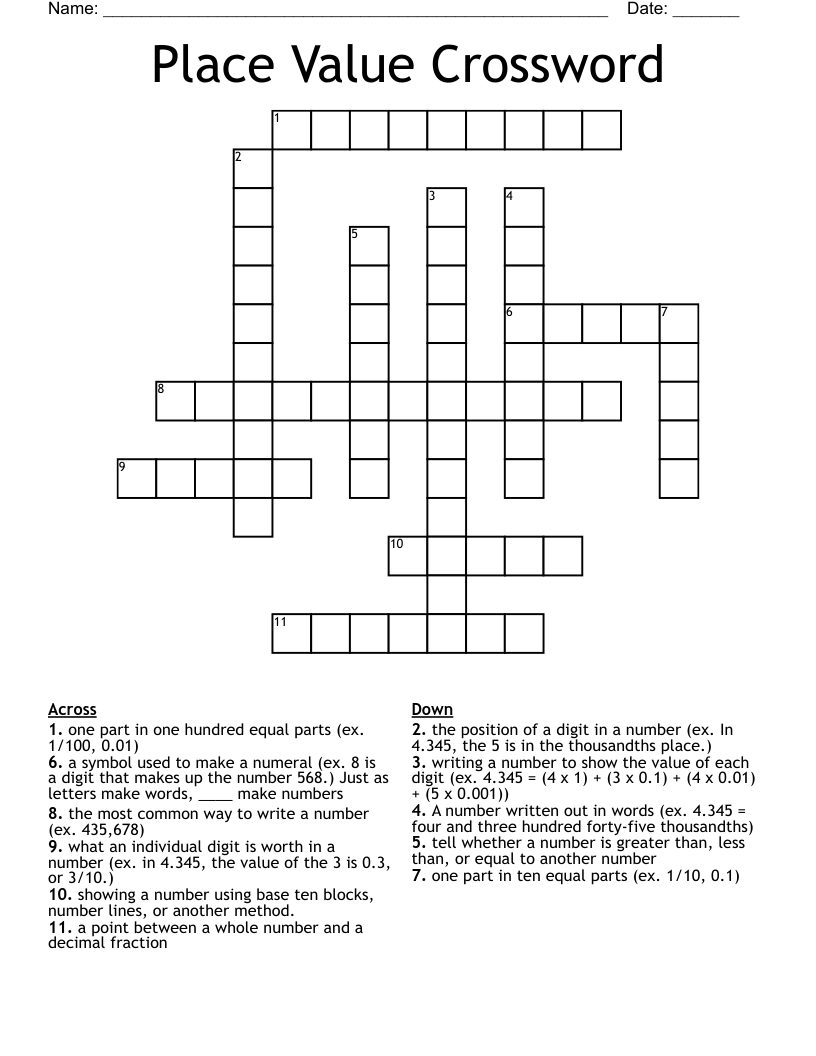 Place Value Crossword