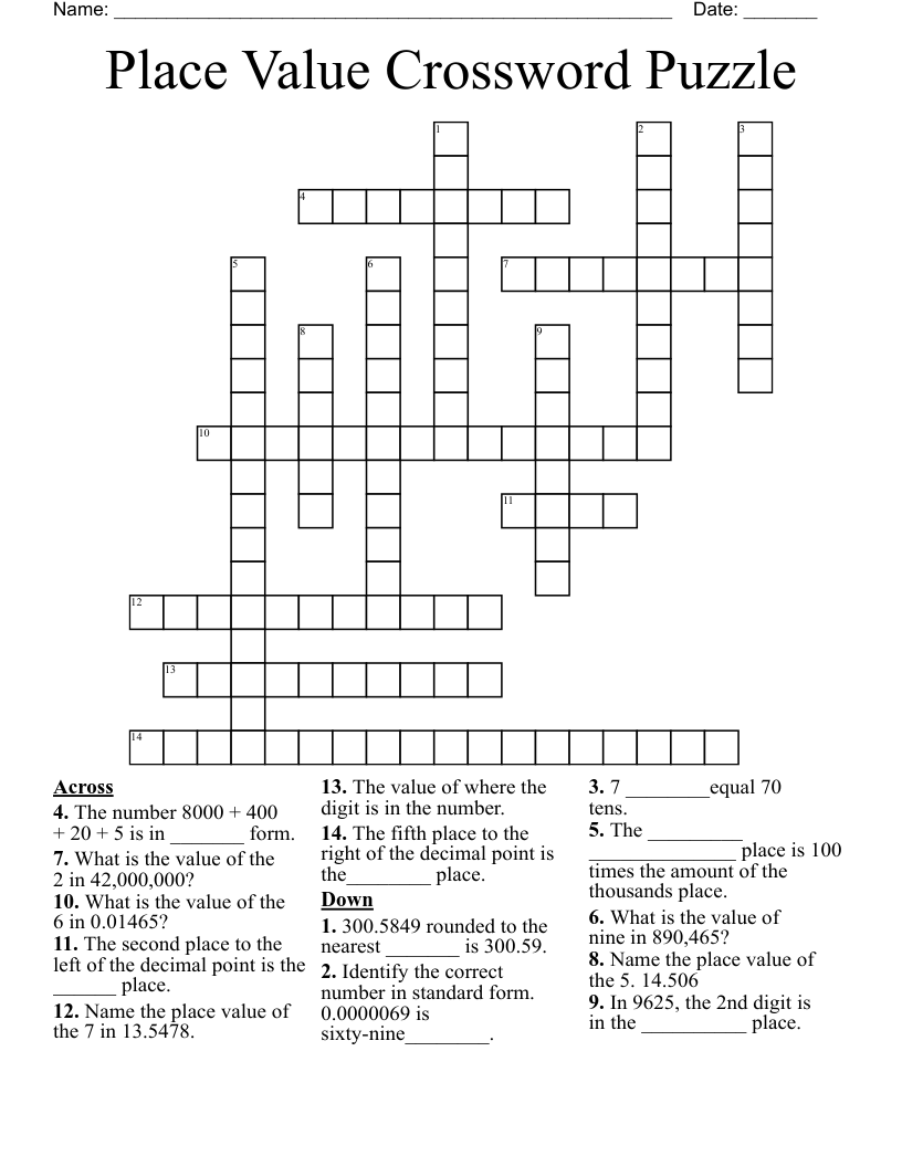 Place Value Crossword Puzzle