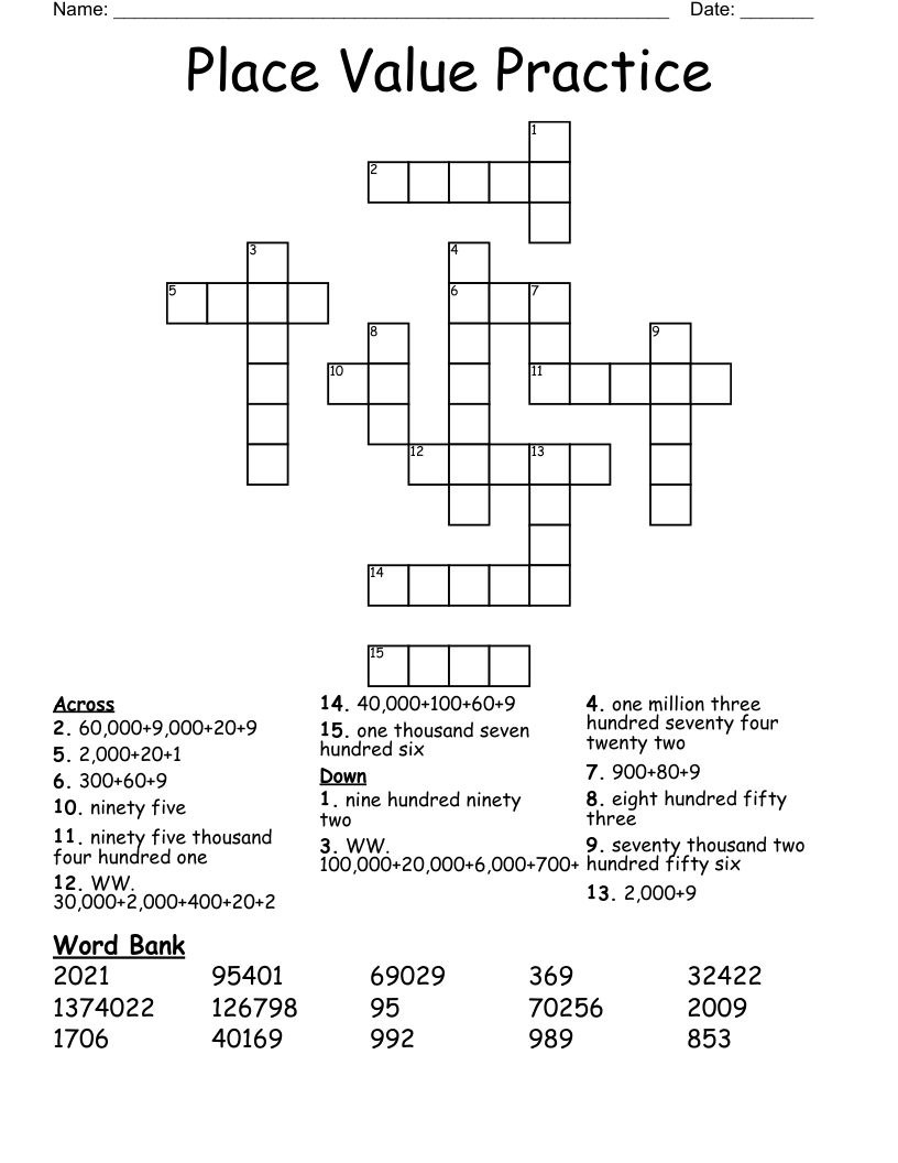 Place Value Practice  Crossword