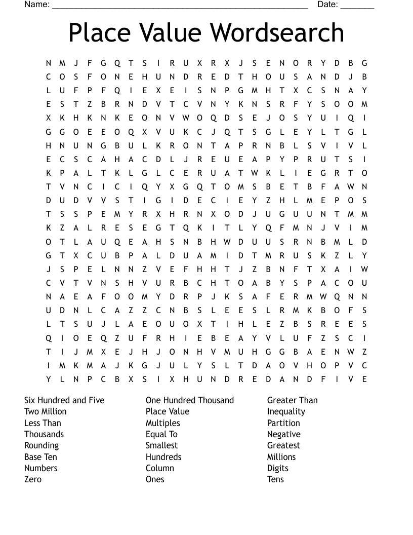 Place Value Wordsearch