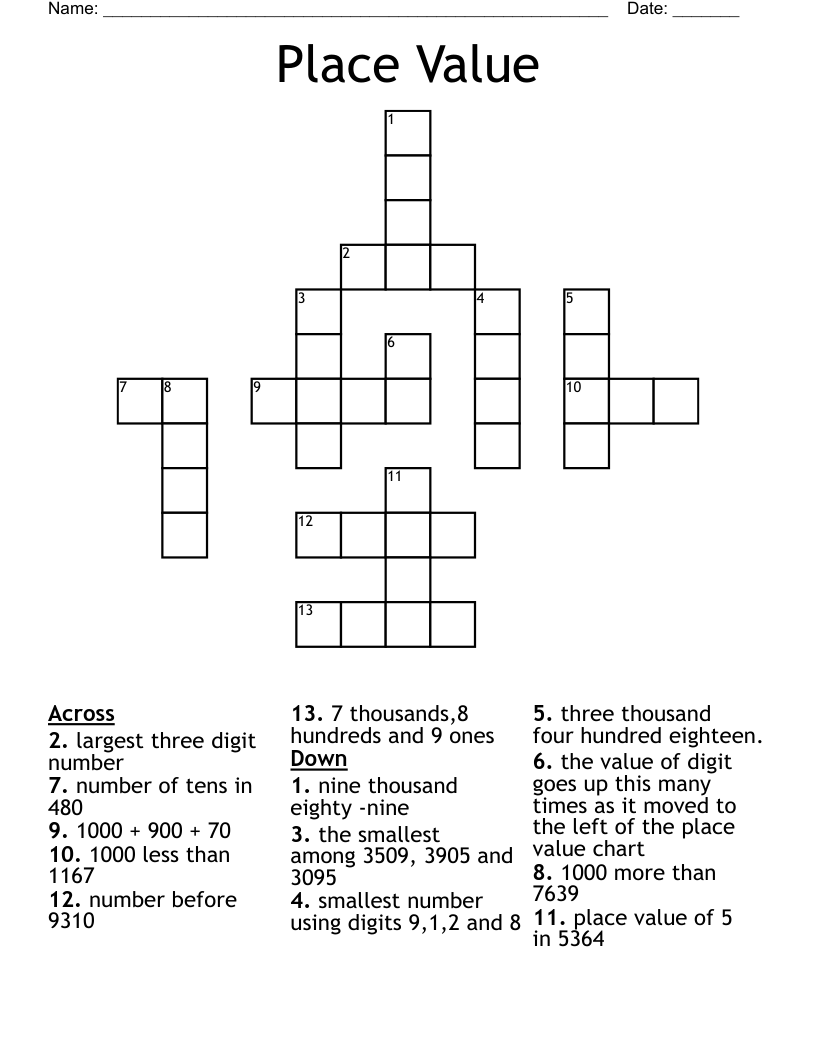 Place Value  Crossword