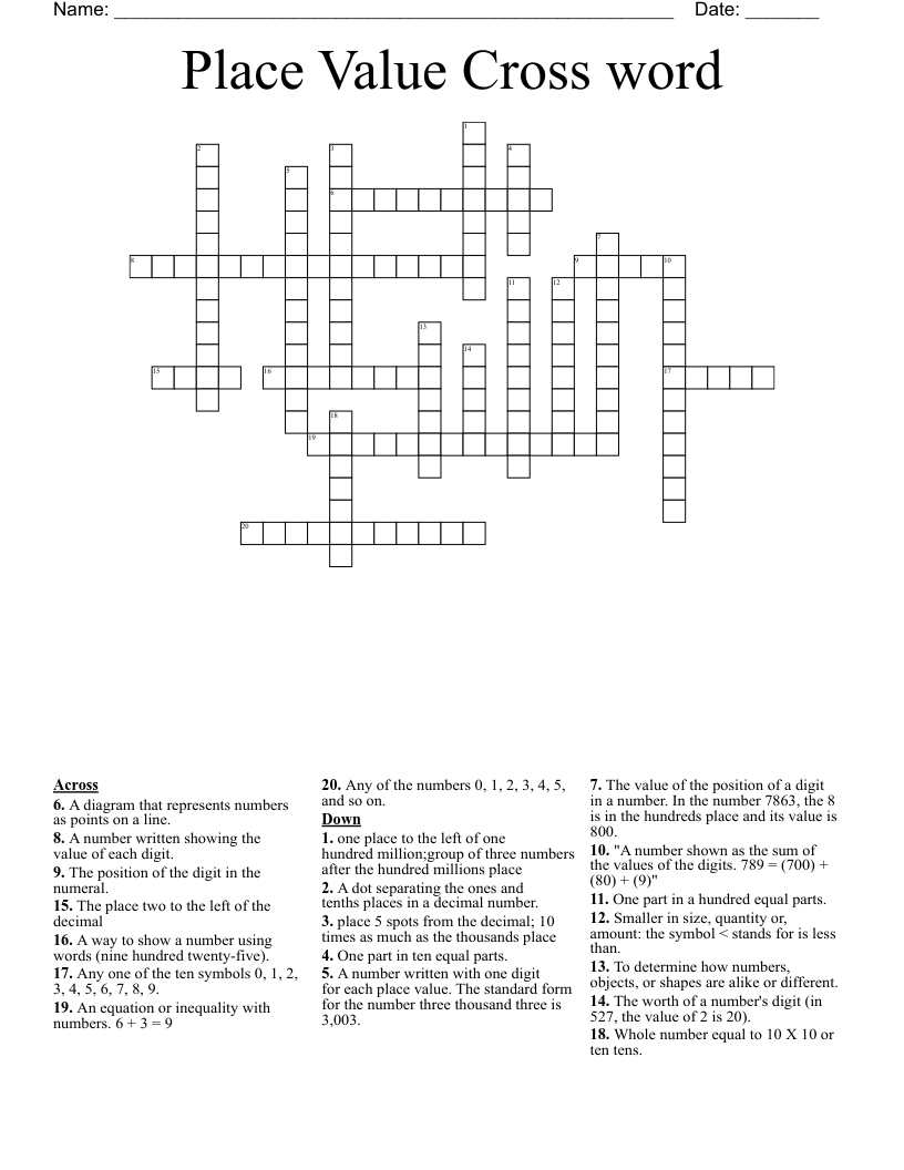 Place Value Cross word