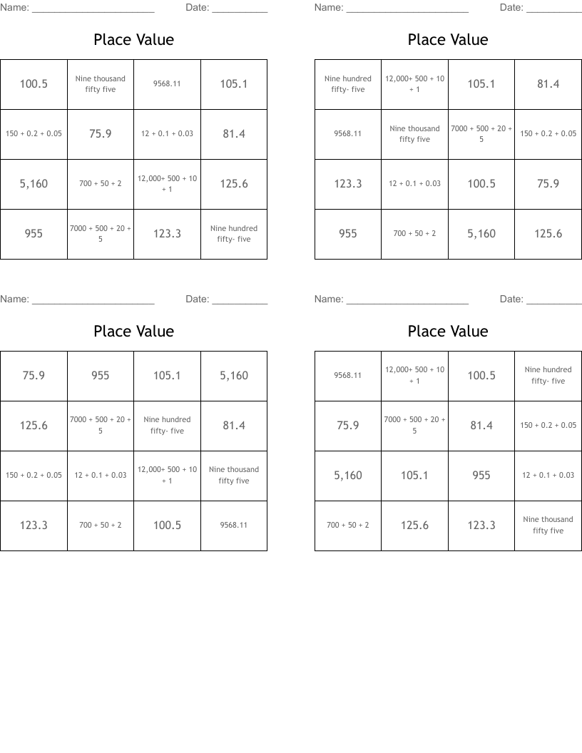 Place Value  Bingo Cards