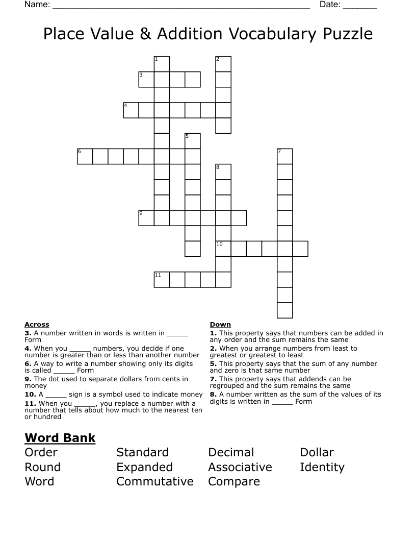 Place Value & Addition Vocabulary Puzzle