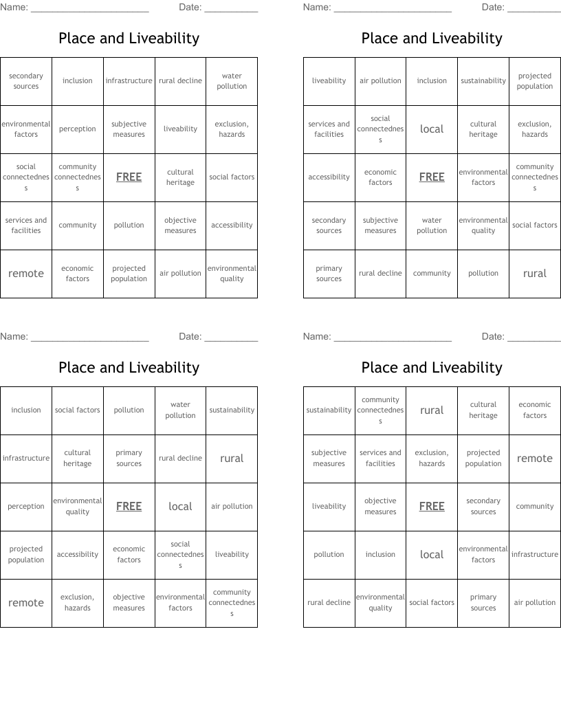 Place and Liveability Bingo Cards